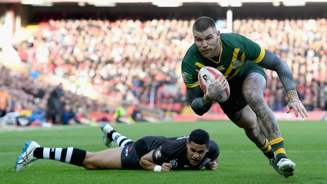 Action shot of Australia rugby team playing.